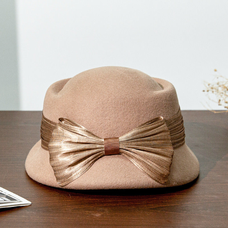 Women Elegant Winter Bow Silkabaca Wool Wedding Tea Party Porkpie Hat