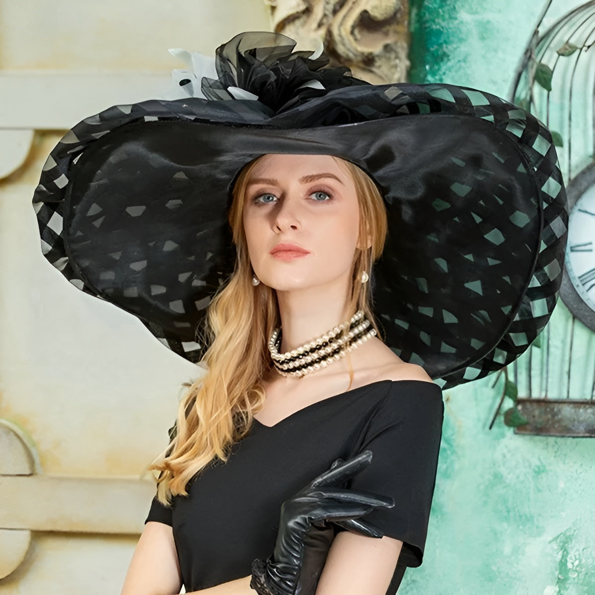 Large Wide Brim Feather Organza Kentucky Derby Floppy Sun Hat