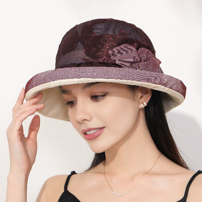 Women's Packable Summer Bow Lace Mulberry Silk Tea Party Sun Hats