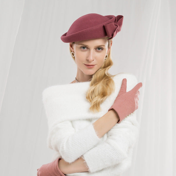 Womens Elegant Winter Bow Wool Wedding Cocktail Beret Hats