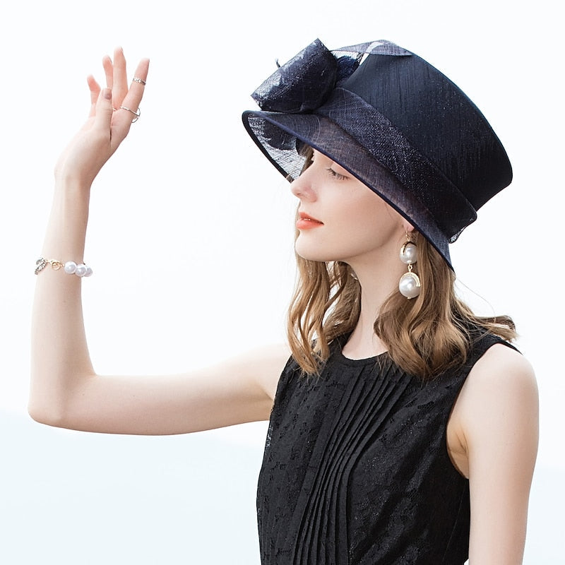 Dark Navy Flower Bowknot Sinamay Top Kentucky Derby Top Hat