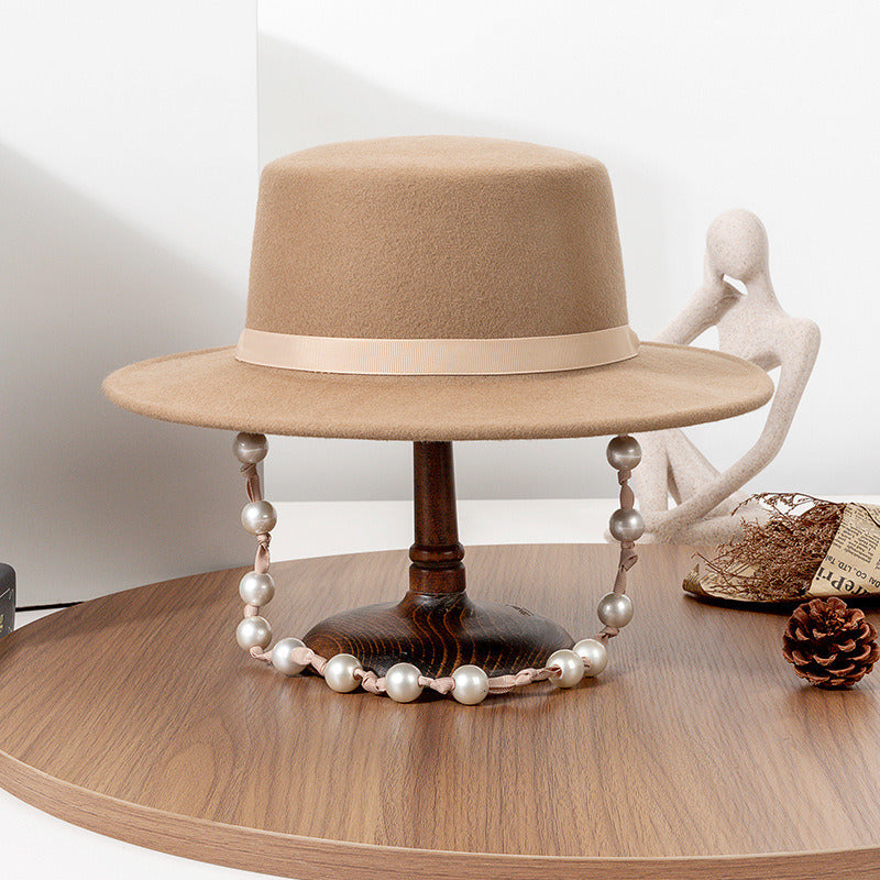 Women Flat Brim Winter Chain Strap Beaded Band Wool Wedding Tea Party Wedding Hats