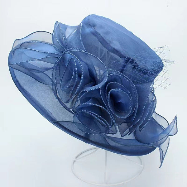 Women's Wide Brim Organza With Flower Kentucky Derby Church Hats - blue
