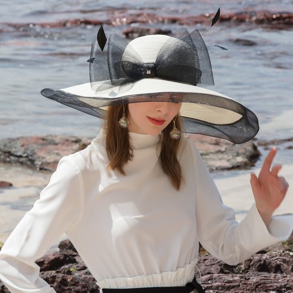 Women's Wide Brim Summer PP With Faux Feather Tulle Beach Kentucky Derby Sun Hats