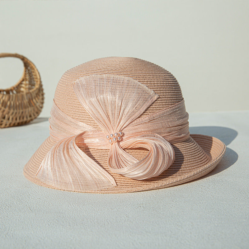 Women's Flip Brim Summer Faux Pearl Silkabaca Raffia Straw Tea Party Beach Sun Hats