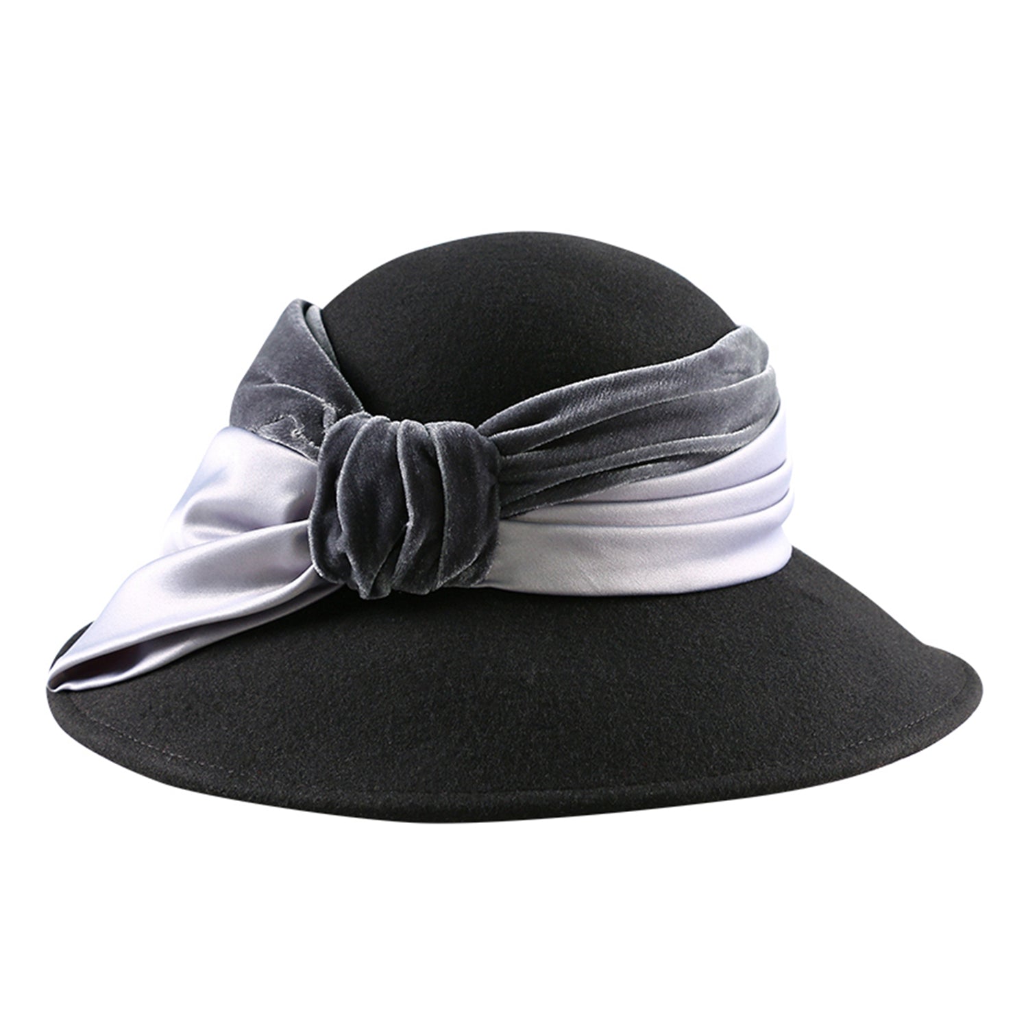 Wide Brim Velvet & Satin Bowknot Sash Wool Church Hat