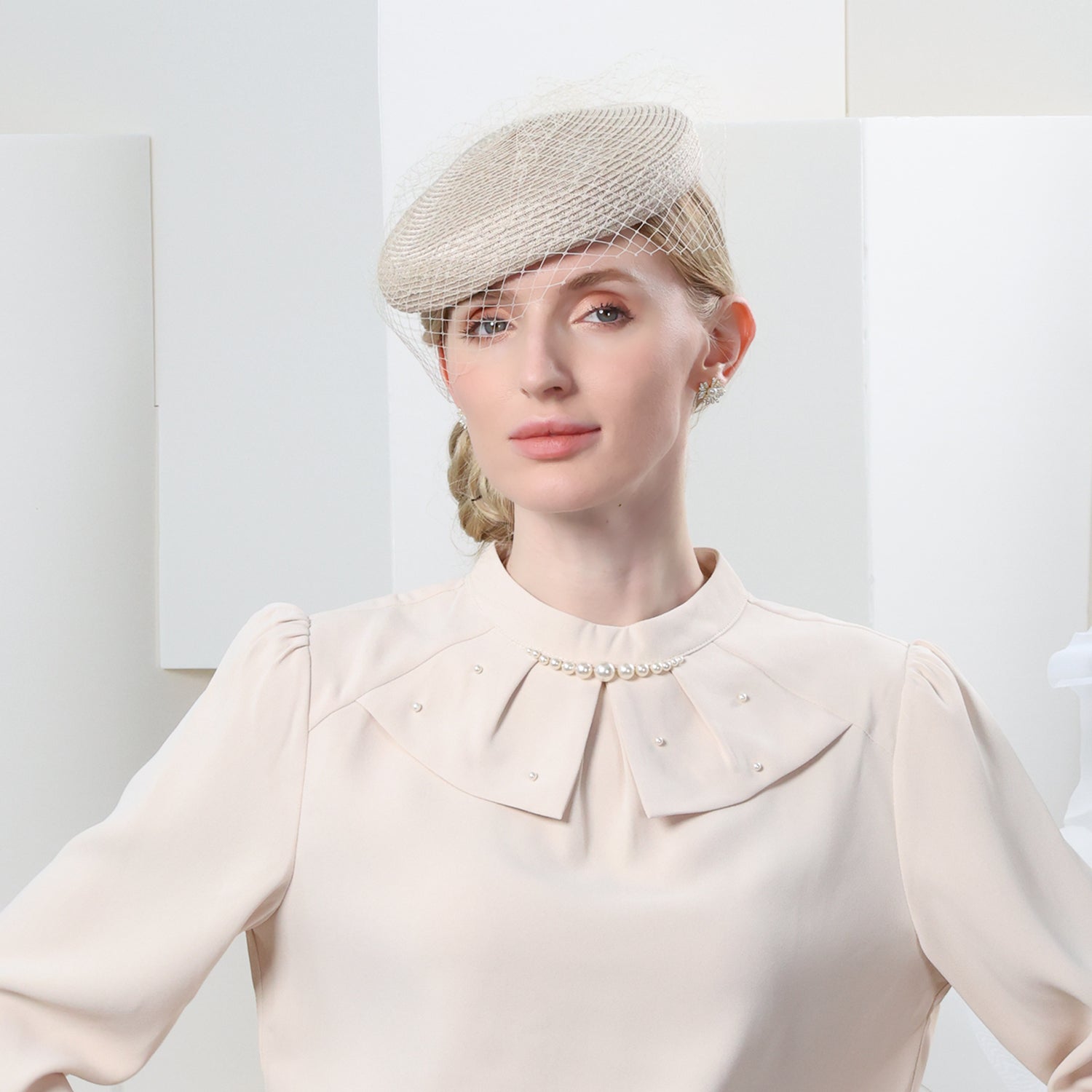 Champagne Veil Straw Tea Party Pillbox Hat