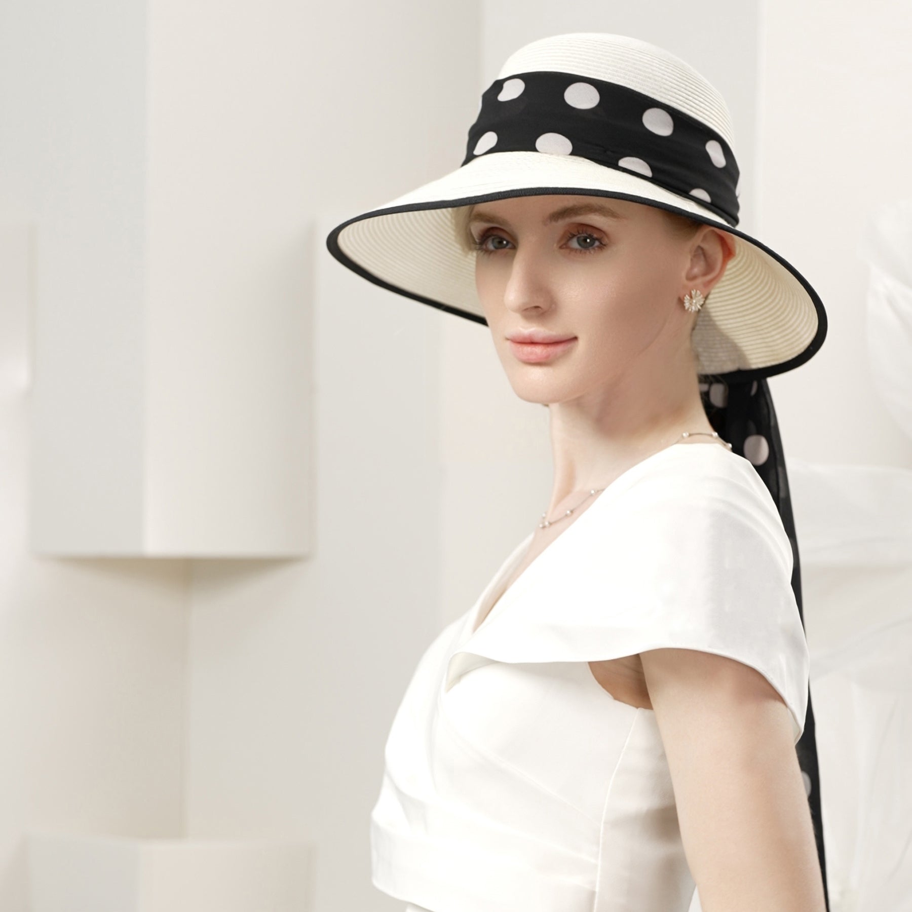 Beige Polka Dot Sash Summer Straw Floppy Sun Hat