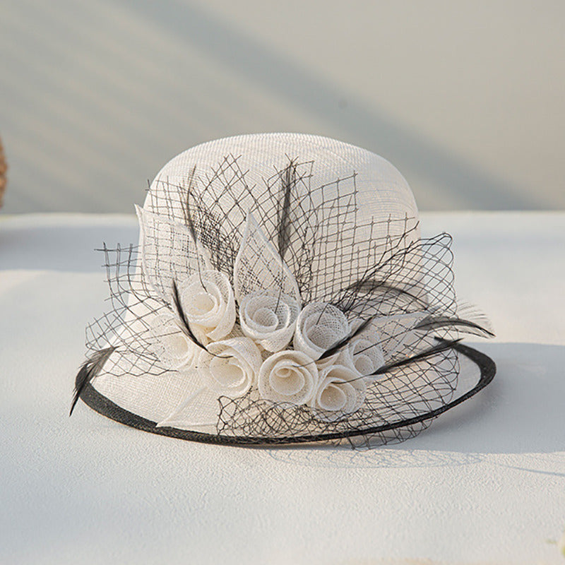 Women's Faux Feather Flower Beaded Band Sinamay Kentucky Derby Church Hats