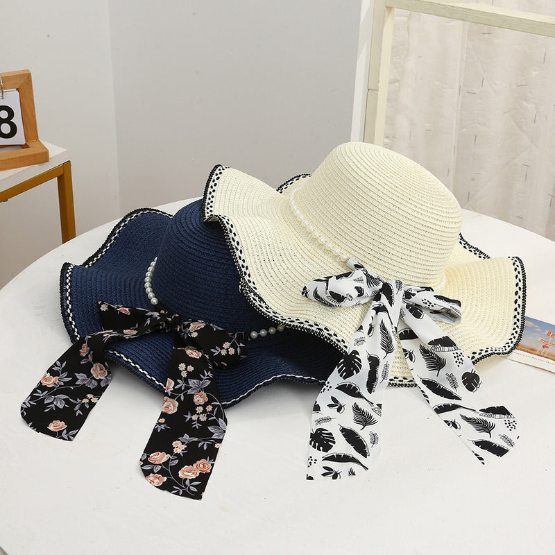 Women's Summer Straw With Bowknot Pearl Holiday Sun Hats Fedora Hats Straw Hats