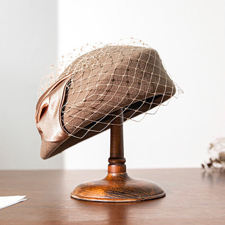 Women Classic Winter Bow Veil Wool Wedding Tea Party Beret Hats