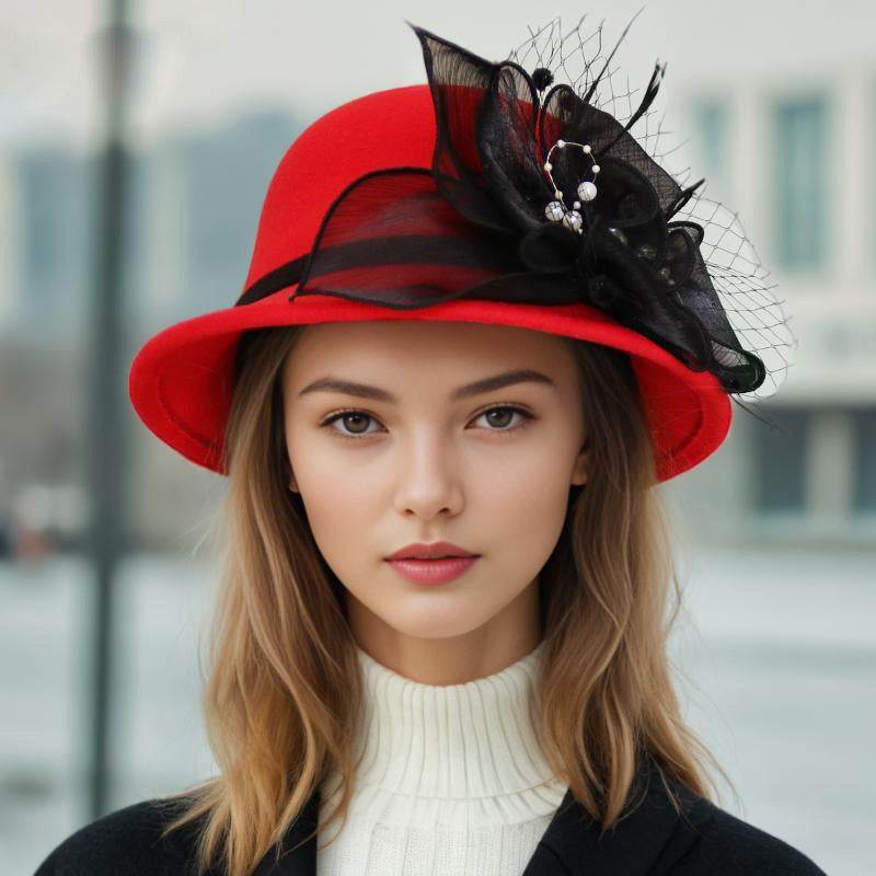 Women's Elegant Winter Felt With Flower Faux Feather Cocktail Bowler Hats Church Hats