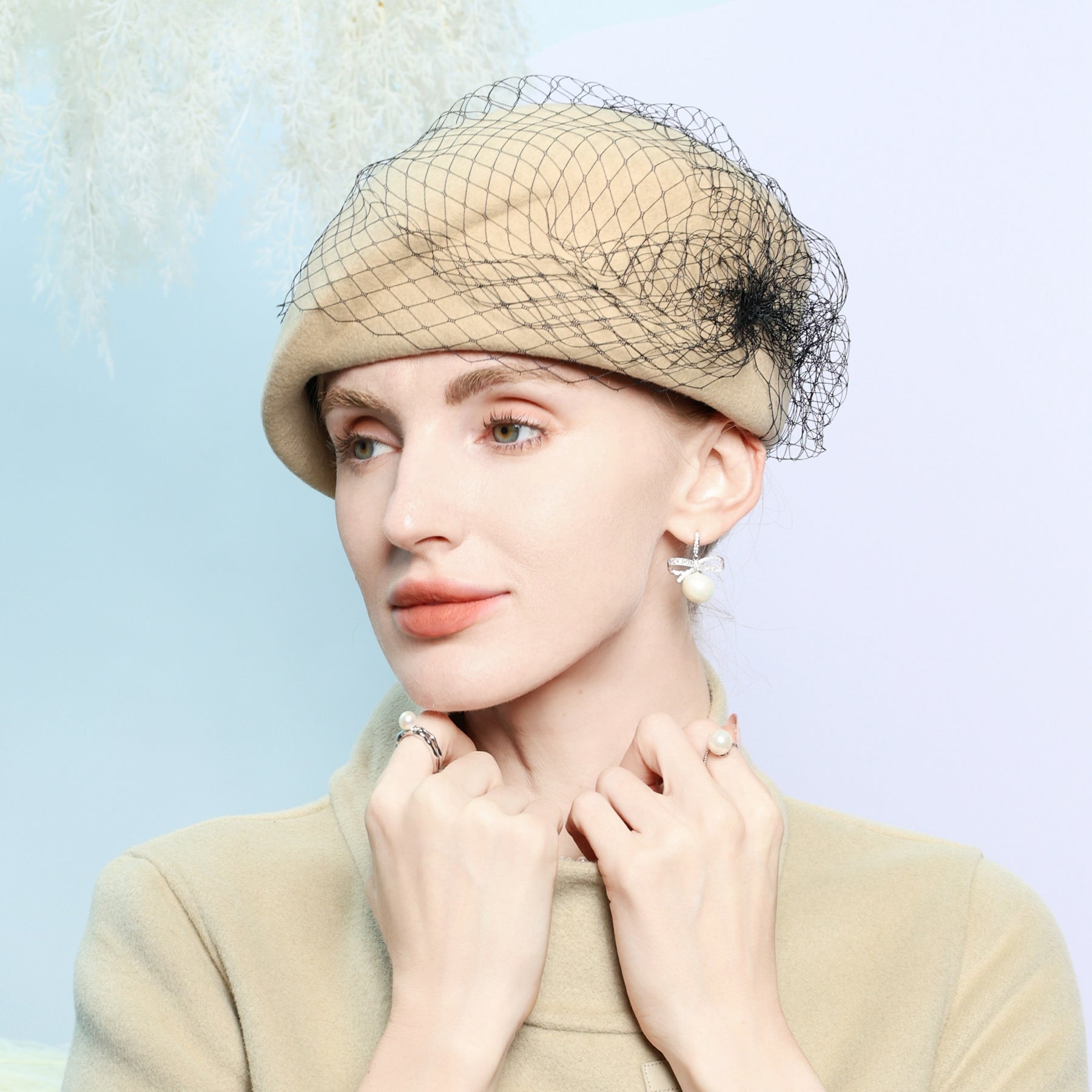 Women's Winter Wool Veil Special Occasion Beret Hats