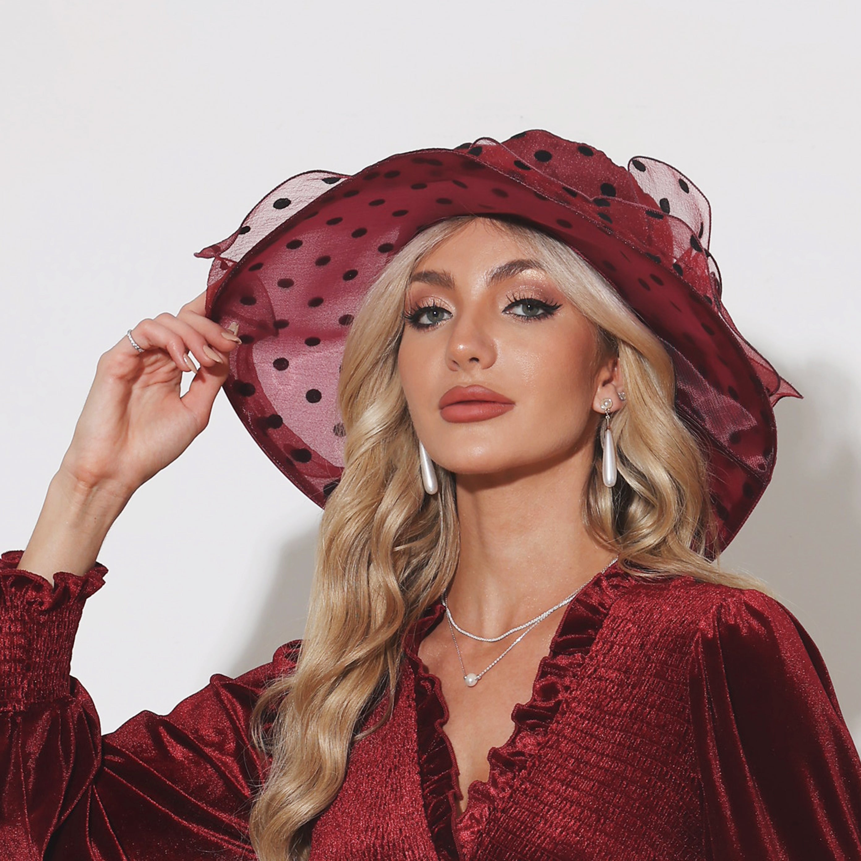 Women's Wide Brim Organza With Flower Kentucky Derby Church Hats - burgundy