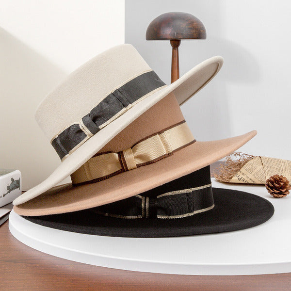 Flat Brim Winter Bow Wool Special Occasion Wedding Hats