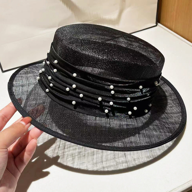 Women's Flat Brim Summer Beading Ribbons Sinamay Cocktail Boater