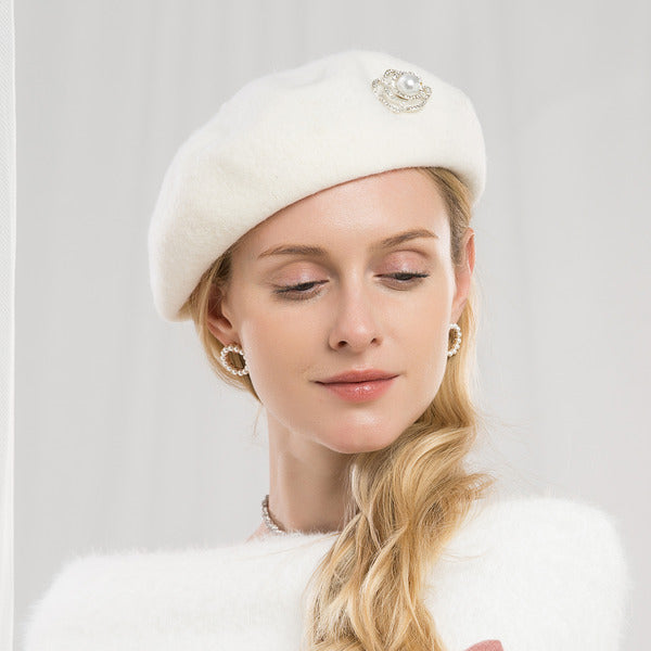 Womens Classic Winter Pearl Rhinestone Flower Wool Wedding Cocktail Beret Hats