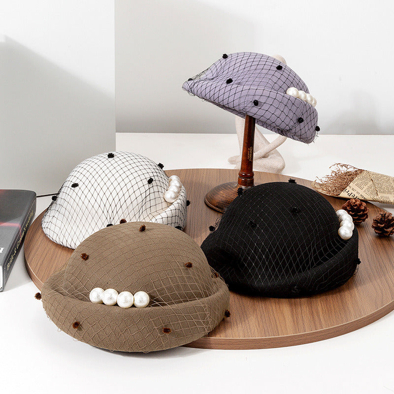 Women Elegant Winter Pearl Veil Wool Wedding Tea Party Beret Hats