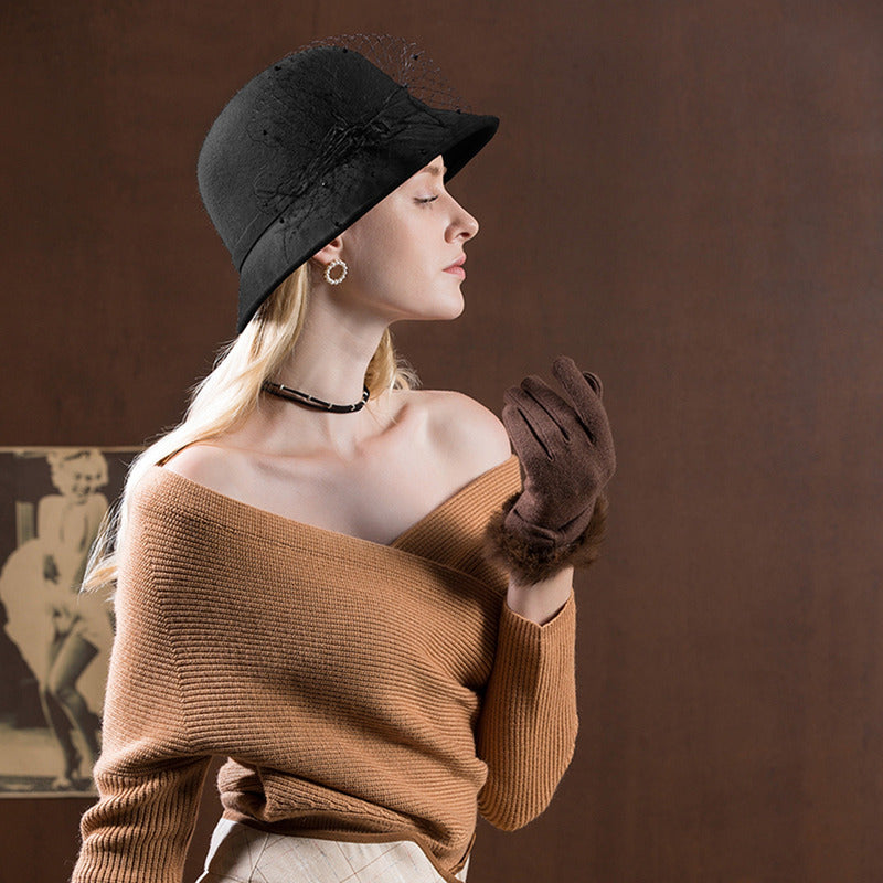 Women's Elegant Winter Faux Feather Wool Cloche Hats