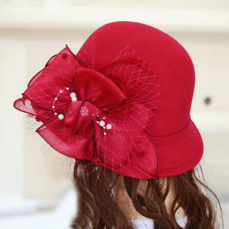 Women's Elegant Winter Felt With Flower Imitation Pearls Cocktail Bowler Hats Church Hats