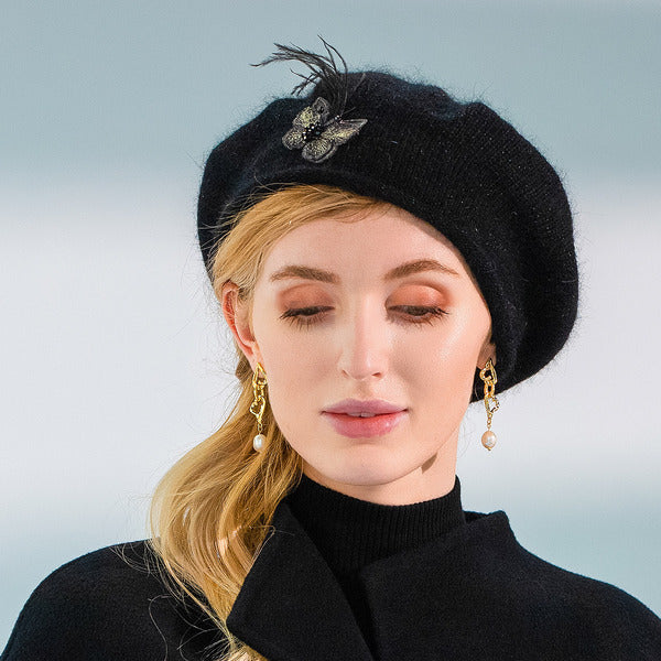 Womens Elegant Winter Butterfly Faux Feather Wool Wedding Cocktail Beret Hats