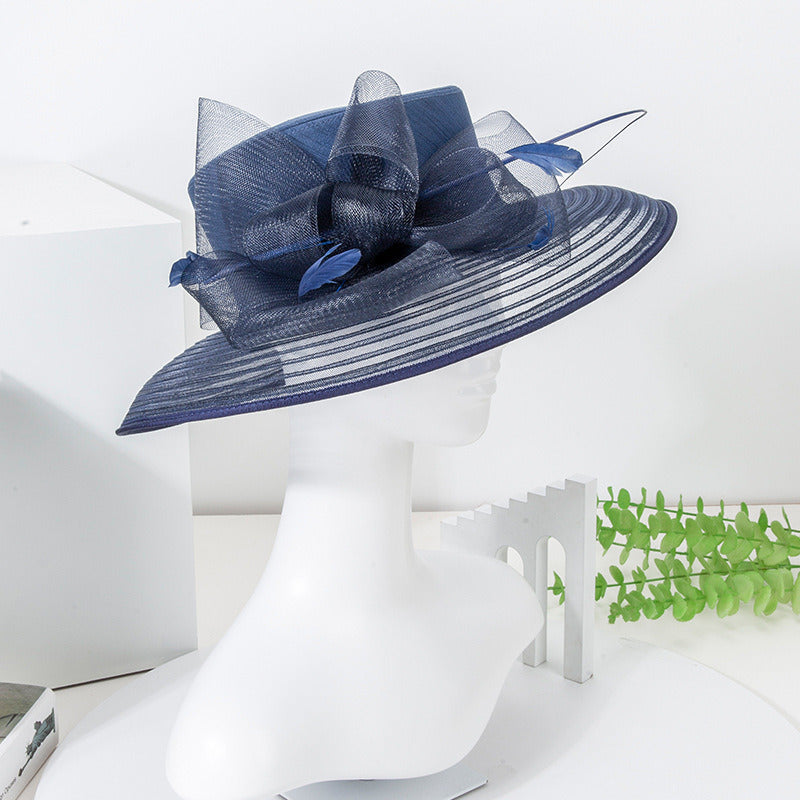 Women's Wide Brim Faux Feather Bow Tulle Kentucky Derby Church Hats