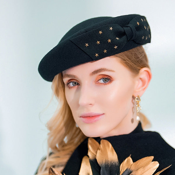 Womens Vintage Winter Rivet Star Wool Wedding Cocktail Beret Hats