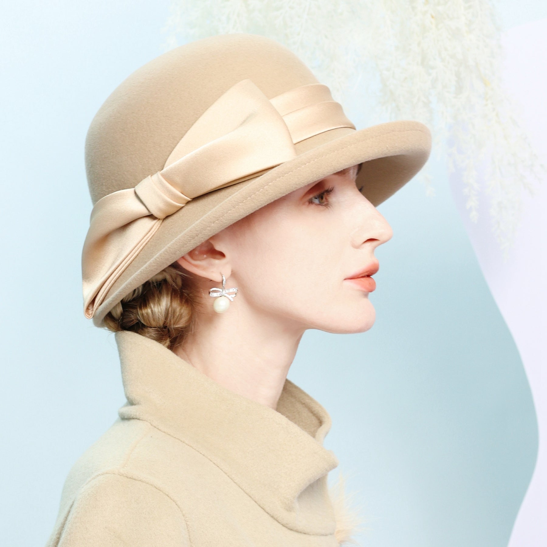 Women's Flip Brim Winter Bowknot Wool Special Occasion Bowler Hats