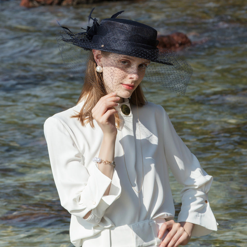Women's Flat Brim Faux Feather Veil Sinamay Wedding Horse Racing Boater