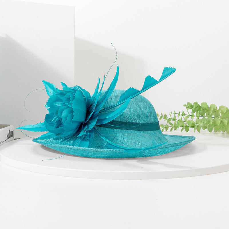 Women's Wide Brim Faux Feather Flower Wedding Guest Sinamay Kentucky Derby Church Hats