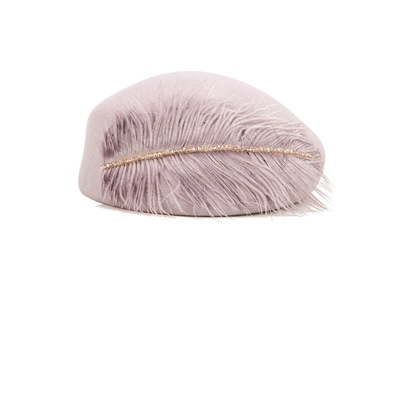 Women's Elegant Winter Faux Feather Beading Wool Wedding Guest Cocktail Beret Hats