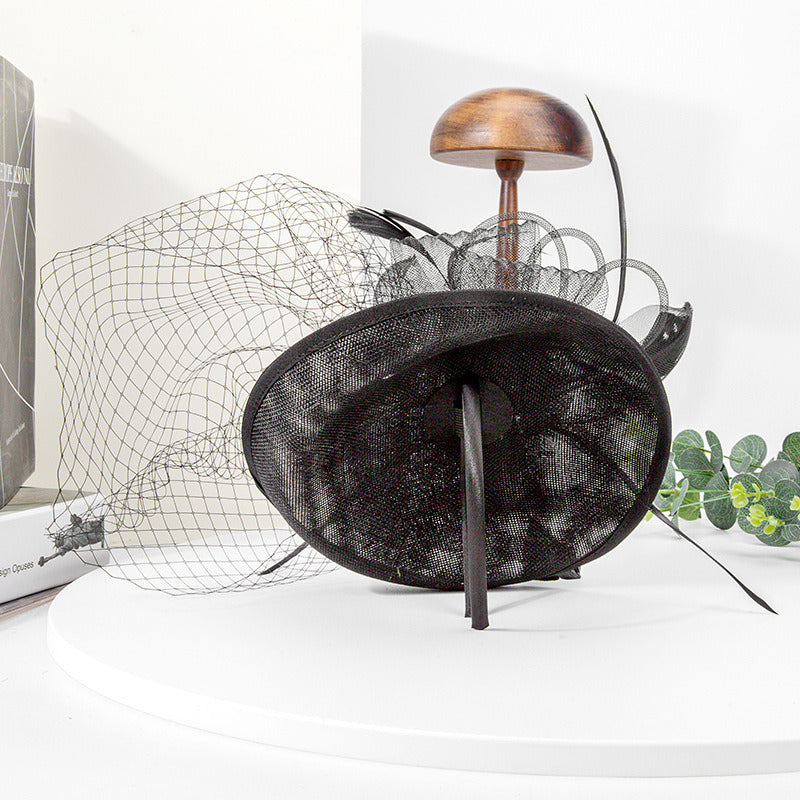 Women's Faux Feather Veil Faux Sinamay Kentucky Derby Saucer Hats Fascinators With Clip Headband - Black