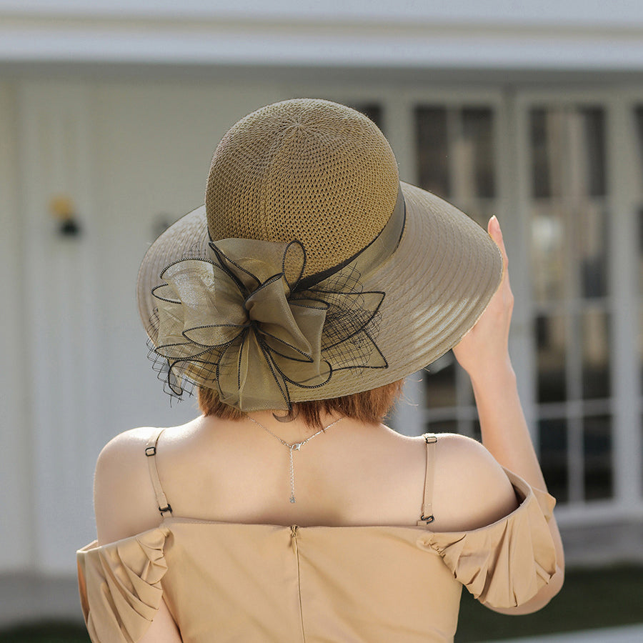 Women's Wide Brim Organza With Flower Kentucky Derby Church Hats - khaki