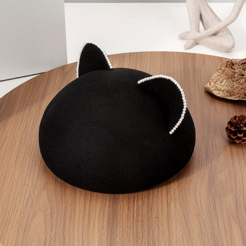 Women Lovely Winter Beading Wool Wedding Tea Party Beret Hats With Elastic Cord