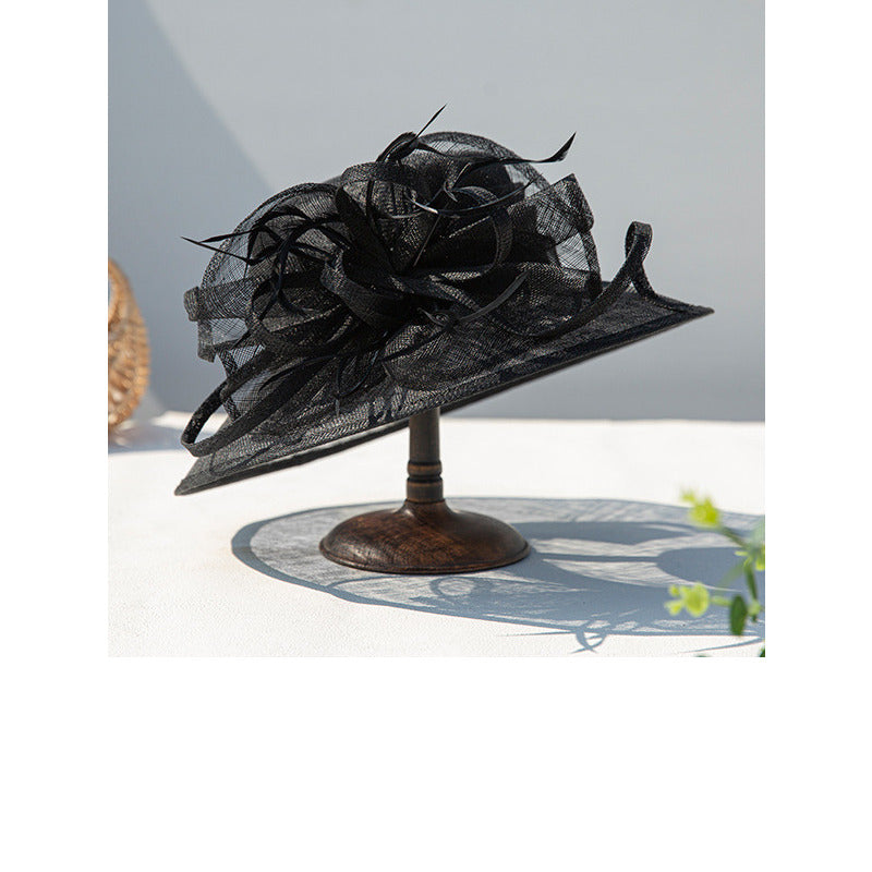 Women's Faux Feather Flower Sinamay Kentucky Derby Church Hats - Black