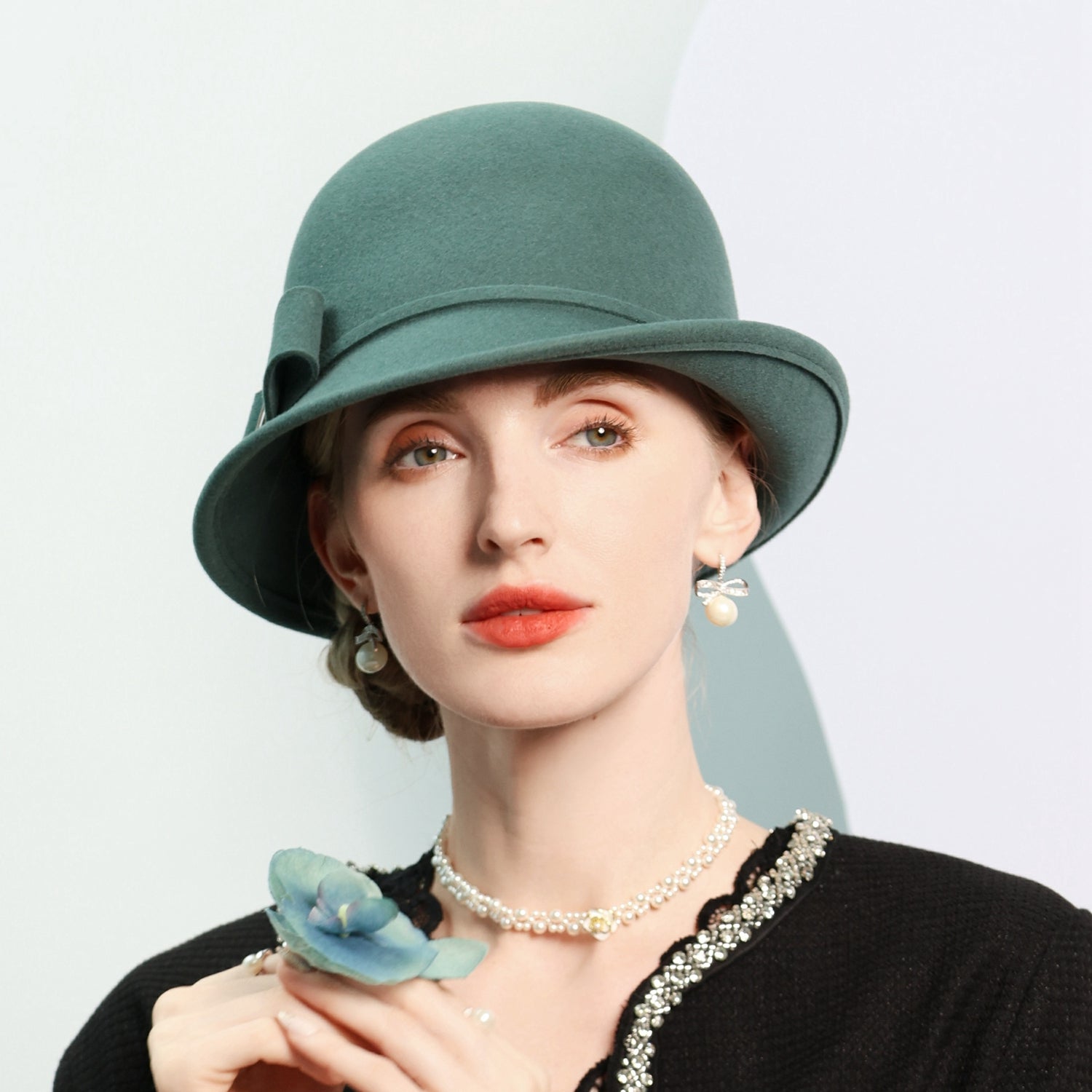 Women's Flip Brim Winter Wool Bowknot Special Occasion Bowler Hats - Lake Blue