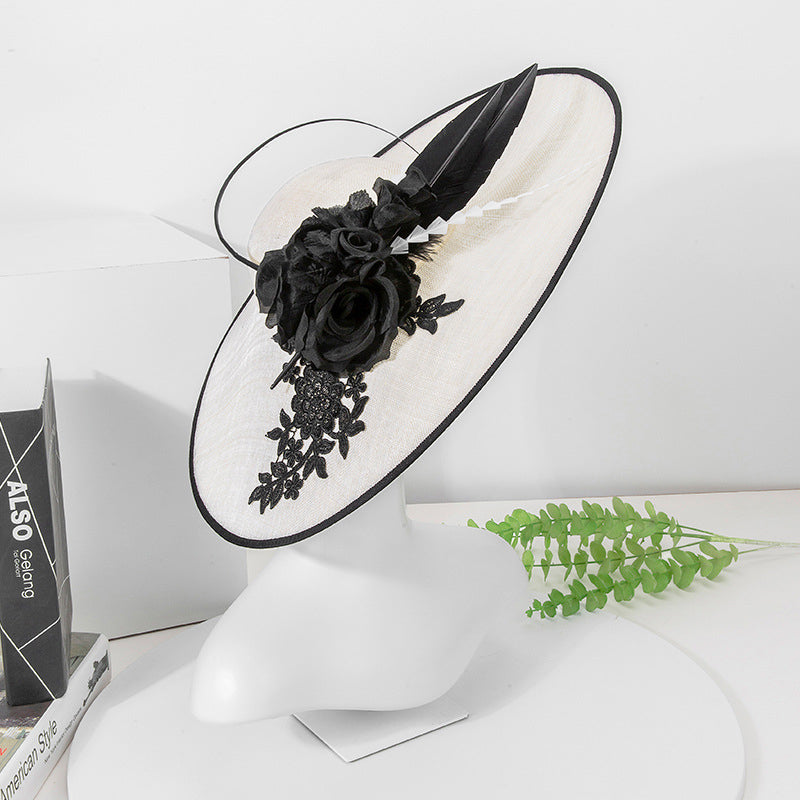 Women's Wide Brim Faux Feather Flower Lace Sinamay Kentucky Derby Church Hats Hatinators With Headband