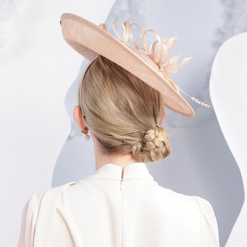 Women's Elegant Faux Feather Twist Bow Wedding Guest Sinamay Horse Racing Saucer Hats Fascinators With Headband