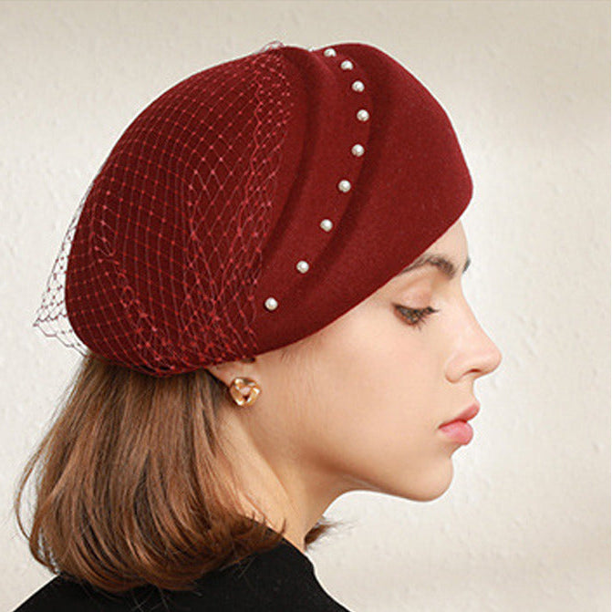 Women Elegant Winter Pearl Wool Wedding Tea Party Beret Hats