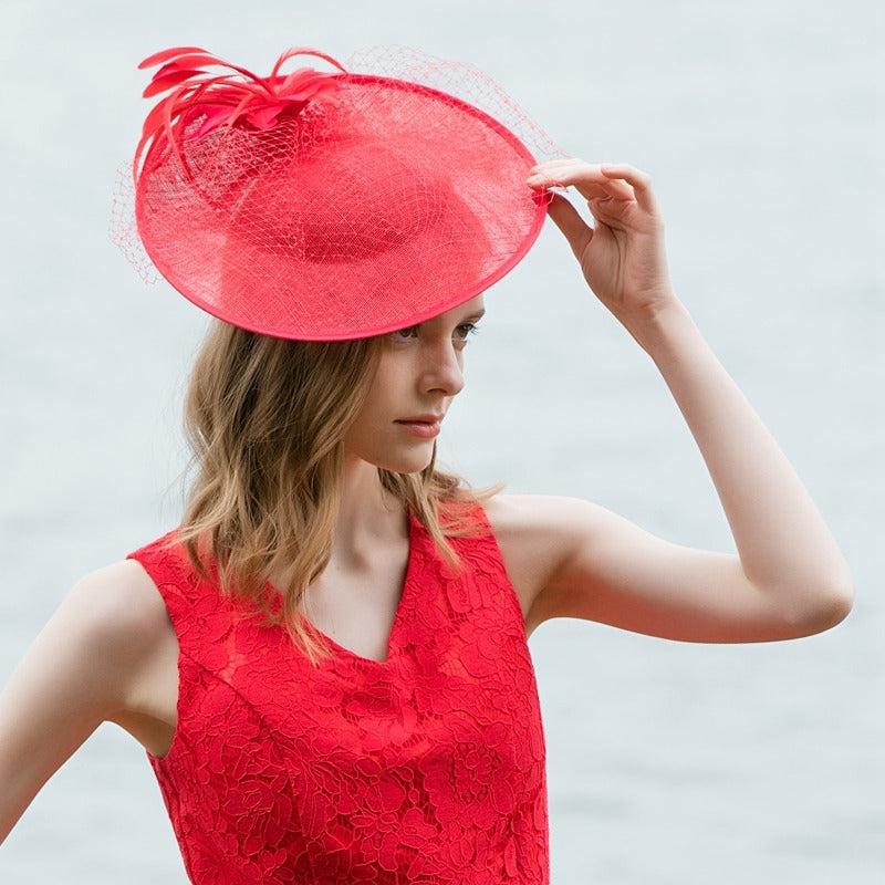 Women's Vintage Faux Feather Veil Wedding Guest Sinamay Horse Racing Saucer Hats Fascinators With Headband