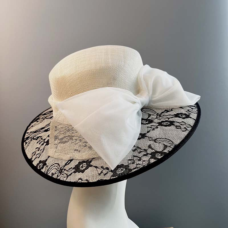 Women's Classic Wide Brim Bow Lace Sinamay Kentucky Derby Royal Ascot