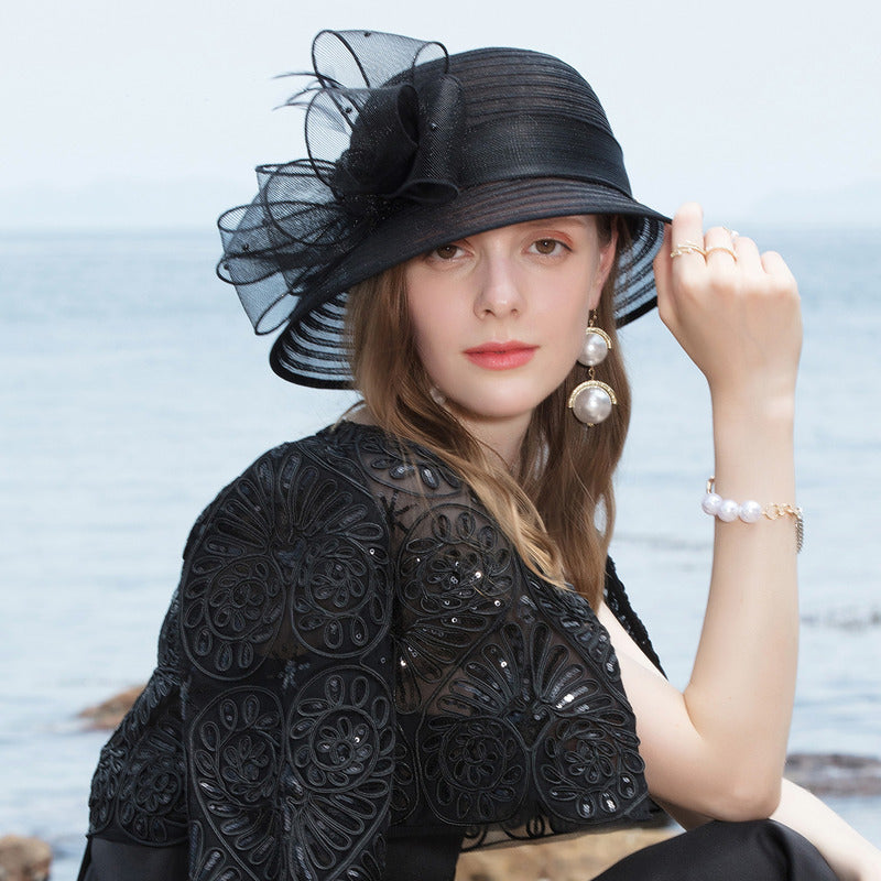 Women's Classic Faux Feather Bow Horse Hair Wedding Guest Fabric Horse Racing Cloche Hats