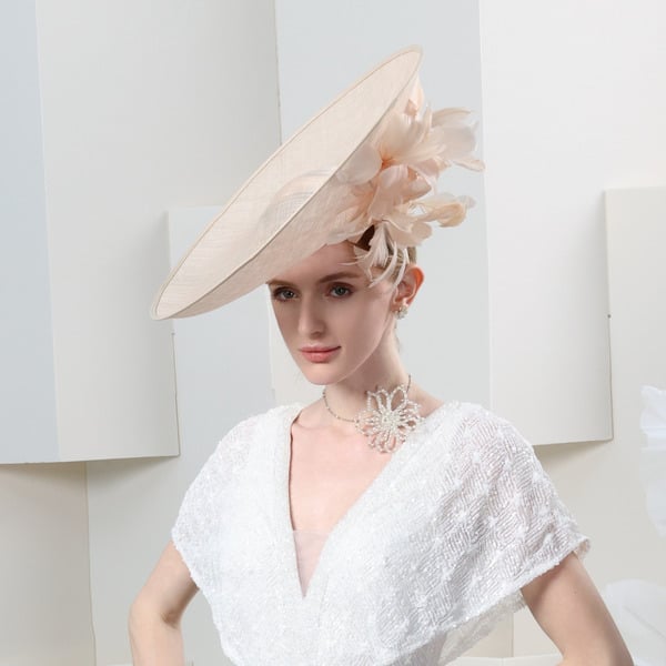 Women's Wide Brim Sinamay With Faux Feather Kentucky Derby Saucer Hats Fascinators With Headband
