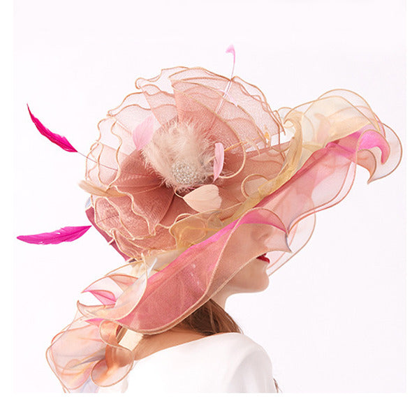 Women's Wide Brim Organza With Flower Kentucky Derby Church Hats - gold