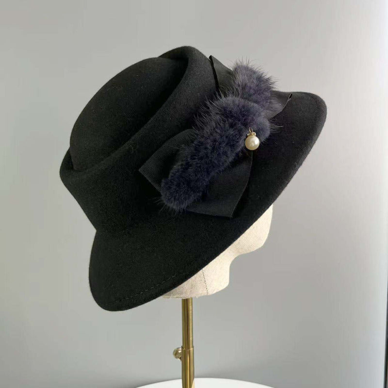 Women Elegant Winter Faux Feather Bow Wool Wedding Tea Party Porkpie Hat