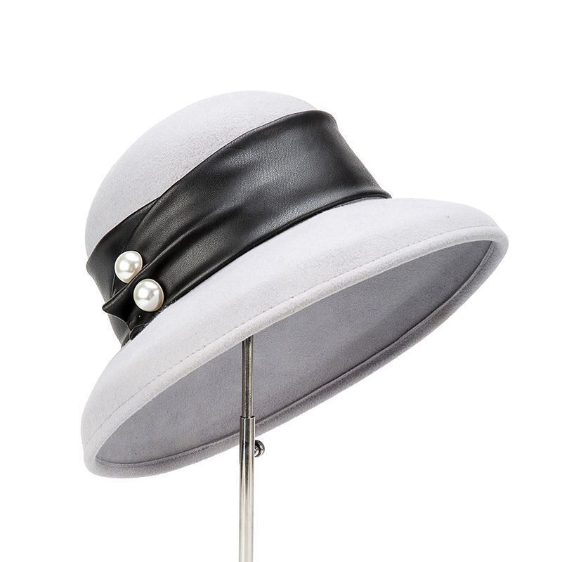 Women Elegant Winter Pearl Band Wool Wedding Tea Party Cloche Hats