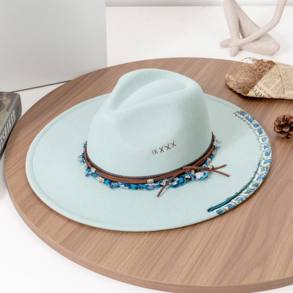 Boho Flat Brim Winter Band Wool Wedding Fedora Hats