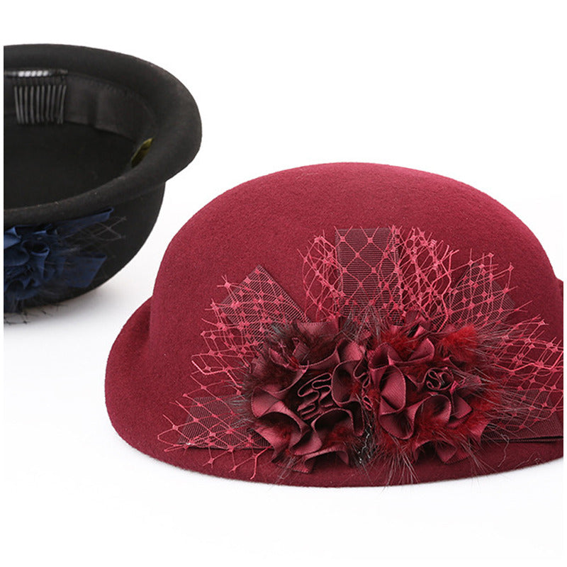 Women's Vintage Winter Silk Flower Wool Cocktail Wedding Guest Bowler Hats