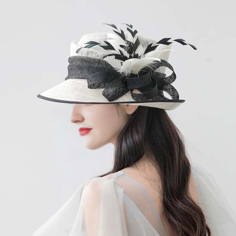 Women's Flip Brim Faux Feather Bow Sinamay Kentucky Derby Church Hats - Black And White