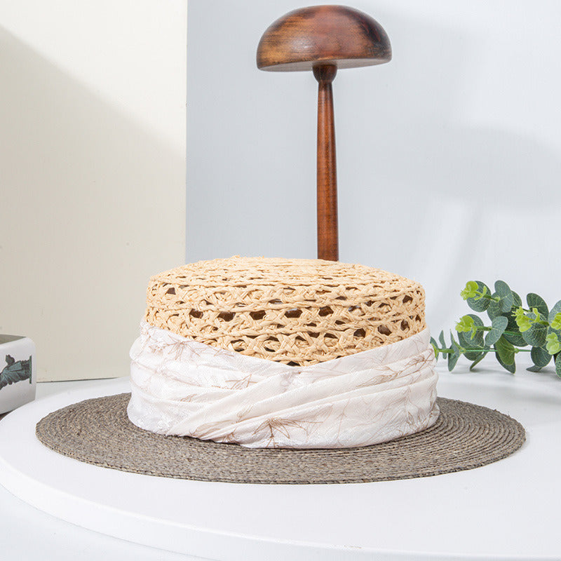 Women's Boho Flat Brim Summer Ribbons Band Straw Holiday Tea Party